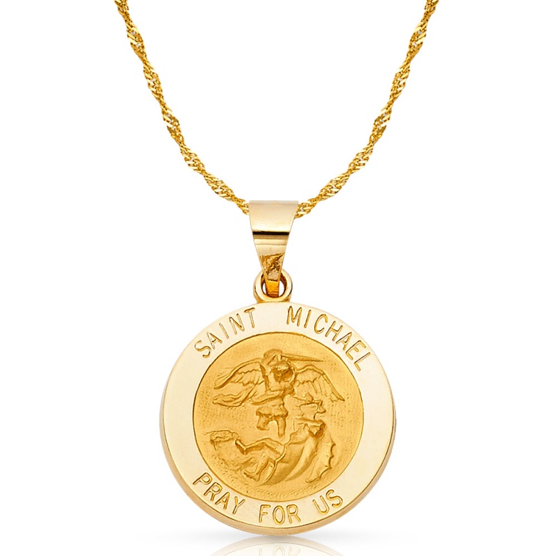 14K Gold St. Michael Charm Pendant with 1.8mm Singapore Chain Necklace
