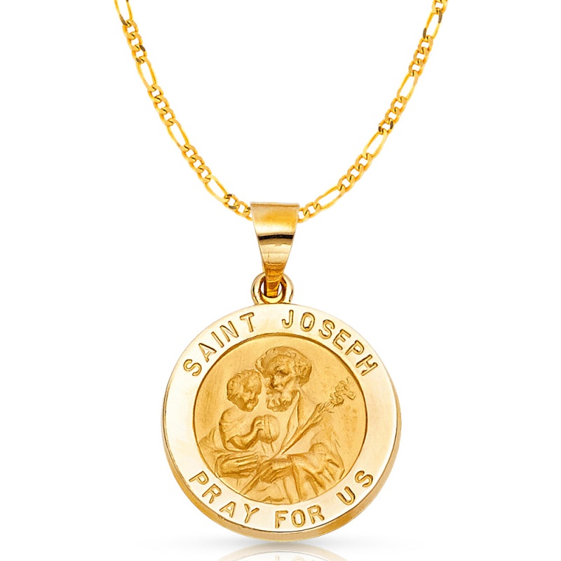 14K Gold St. Joseph Charm Pendant With 3.1Mm Figaro 3+1 Chain Necklace