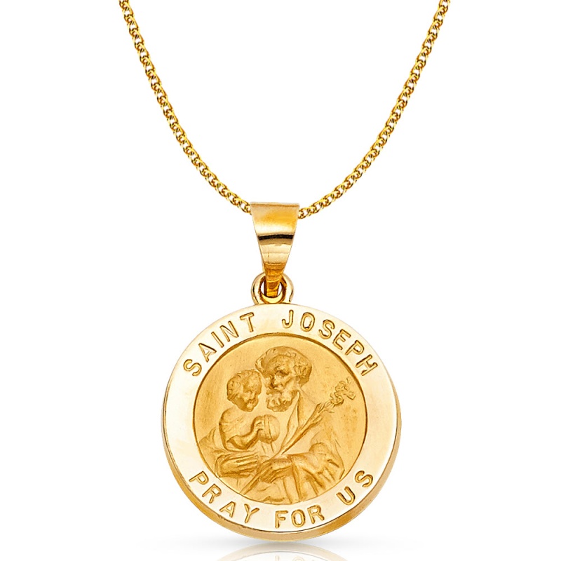 14K Gold St. Joseph Charm Pendant With 1.7Mm Flat Open Wheat Chain Necklace
