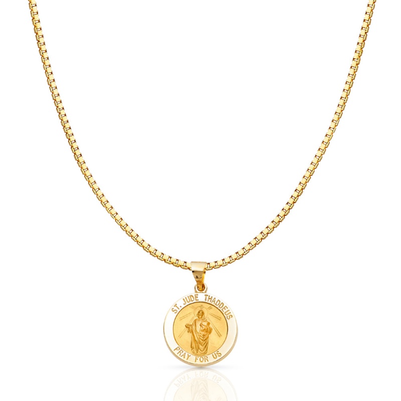 14K Gold Religious St. Jude Thaddeus Charm Pendant With 1.2Mm Box Chain Necklace