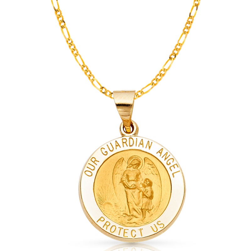 14K Gold Our Guardian Angel Charm Pendant With 3.1Mm Figaro 3+1 Chain Necklace