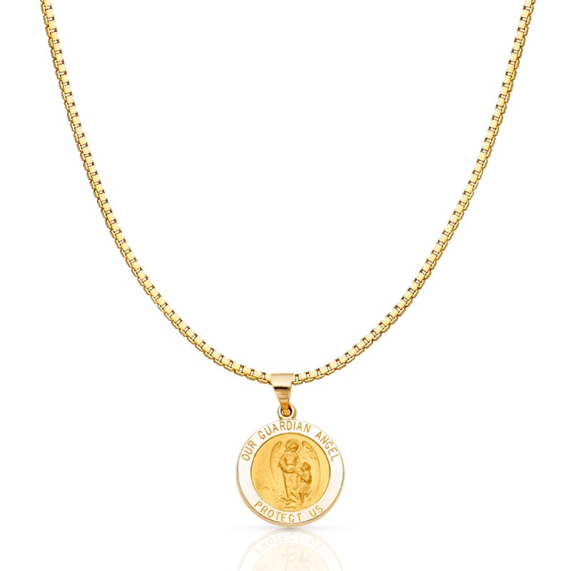 14K Gold Religious Our Guardian Angel Charm Pendant With 1.2Mm Box Chain Necklace
