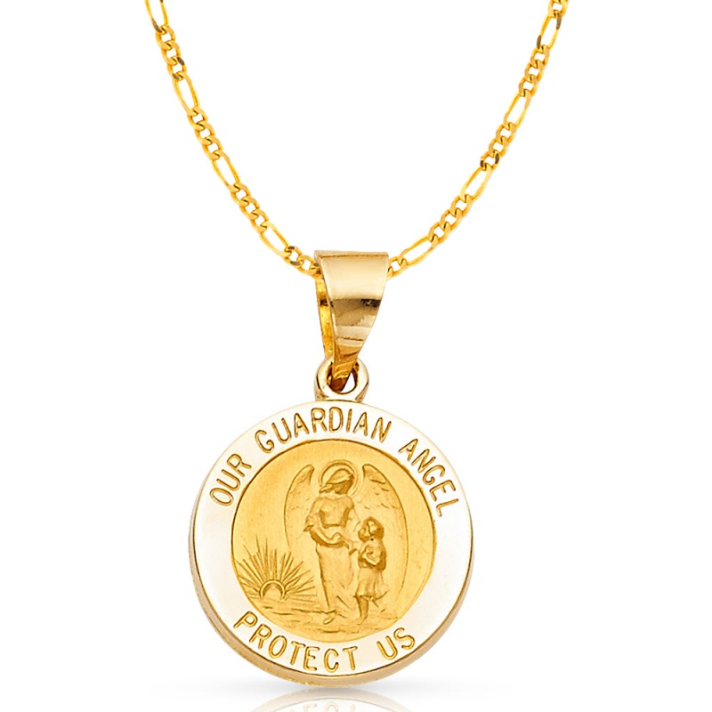 14K Gold Our Guardian Angel Charm Pendant With 2.3Mm Figaro 3+1 Chain Necklace