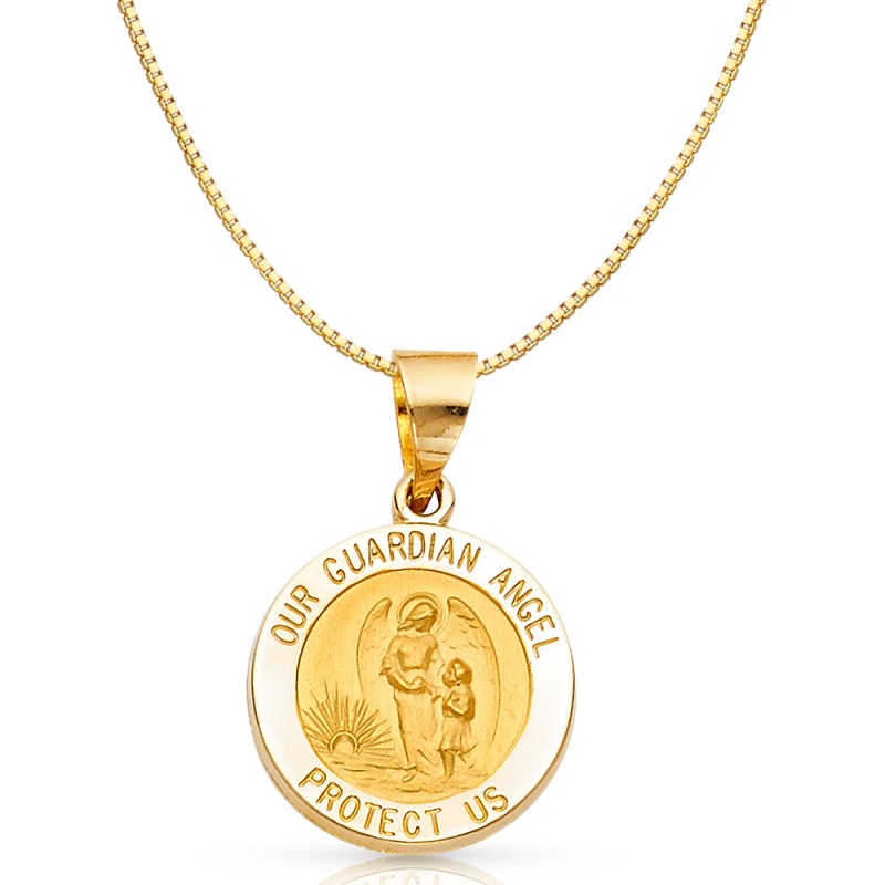 14K Gold Religious Our Guardian Angel Charm Pendant With 0.8Mm Box Chain Necklace
