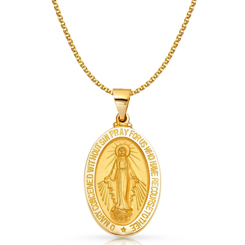 14K Gold Milagrosa Charm Pendant With 1.7Mm Flat Open Wheat Chain Necklace