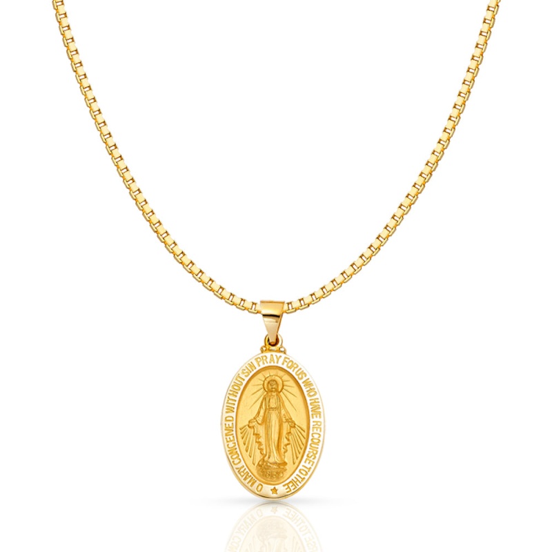 14K Gold Religious Milagrosa Charm Pendant With 1.2Mm Box Chain Necklace