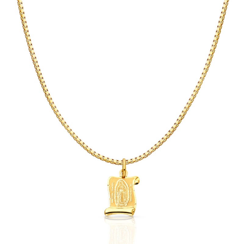 14K Gold Religious Guadalupe Charm Pendant With 1.2Mm Box Chain Necklace