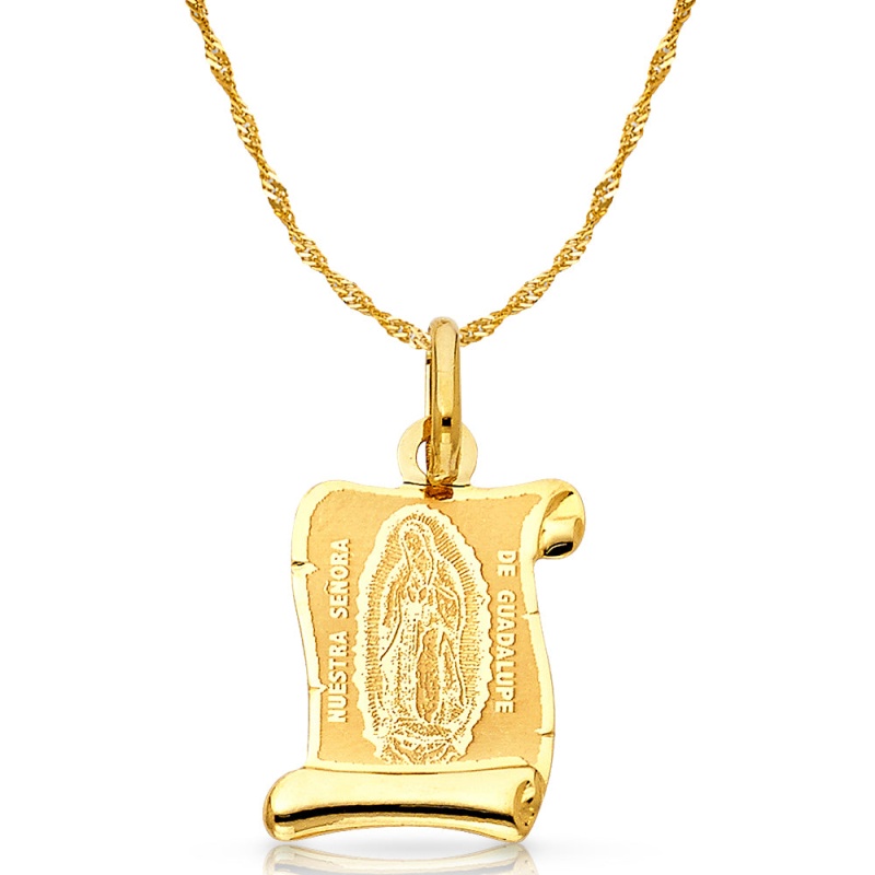 14K Gold Guadalupe Charm Pendant With 1.8Mm Singapore Chain Necklace