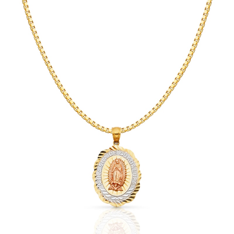 14K Gold Religious Guadalupe Charm Pendant With 1.2Mm Box Chain Necklace
