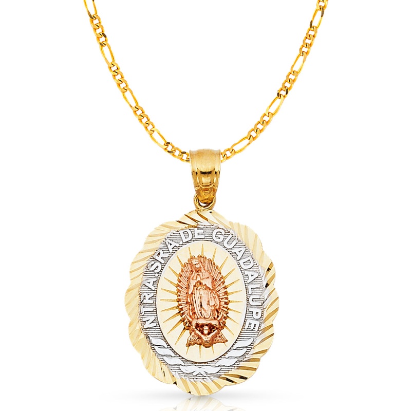 14K Gold Guadalupe Charm Pendant With 3.1Mm Figaro 3+1 Chain Necklace