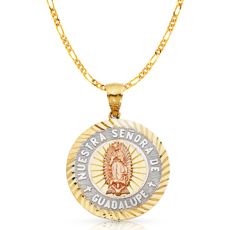 14K Gold Guadalupe Charm Pendant With 3.8Mm Figaro 3+1 Chain Necklace