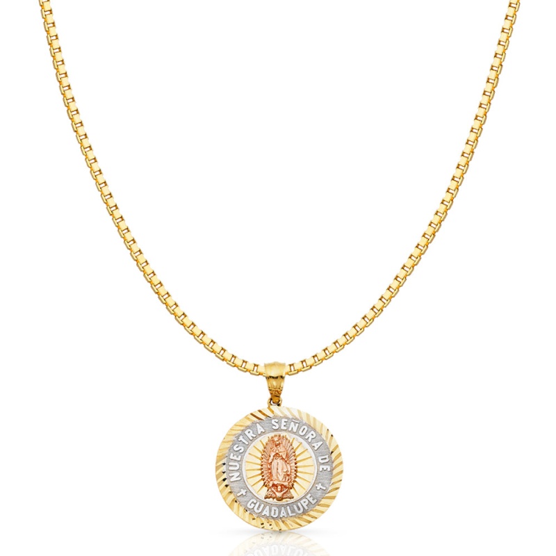 14K Gold Religious Guadalupe Charm Pendant With 1.2Mm Box Chain Necklace