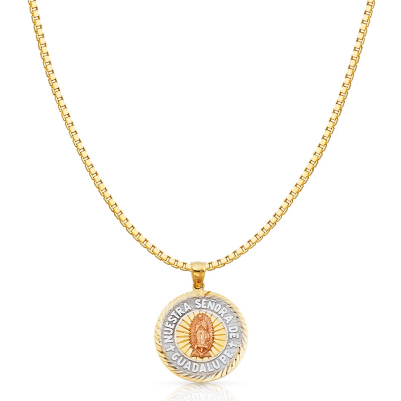 14K Gold Religious Guadalupe Charm Pendant With 1.2Mm Box Chain Necklace