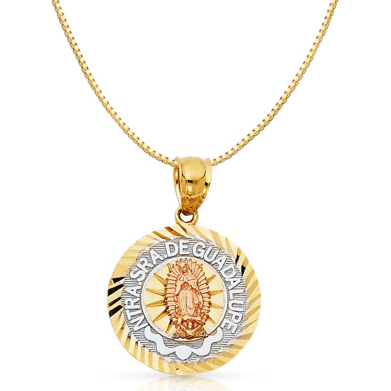 14K Gold Religious Guadalupe Charm Pendant With 0.8Mm Box Chain Necklace
