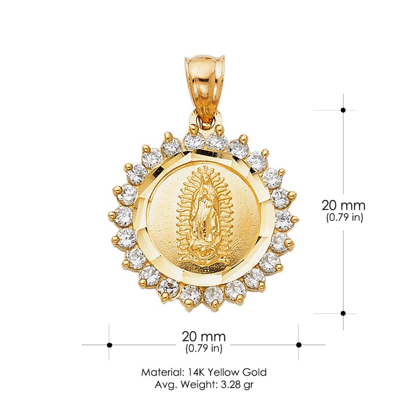 14K Gold Cz Guadalupe Charm Pendant With 1.7Mm Flat Open Wheat Chain Necklace