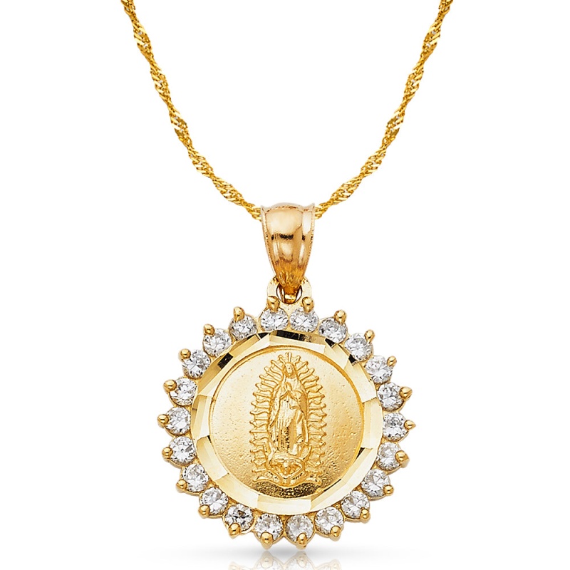 14K Gold Cz Guadalupe Charm Pendant With 1.8Mm Singapore Chain Necklace