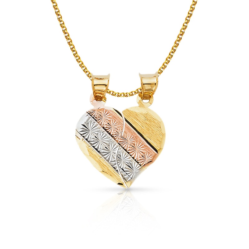 14K Gold Heart 2 Piece Charm Pendant With 1.7Mm Flat Open Wheat Chain Necklace