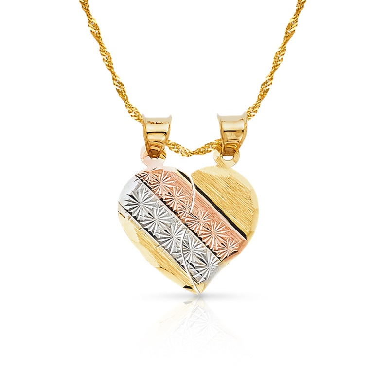 14K Gold Heart 2 Piece Charm Pendant With 1.8Mm Singapore Chain Necklace
