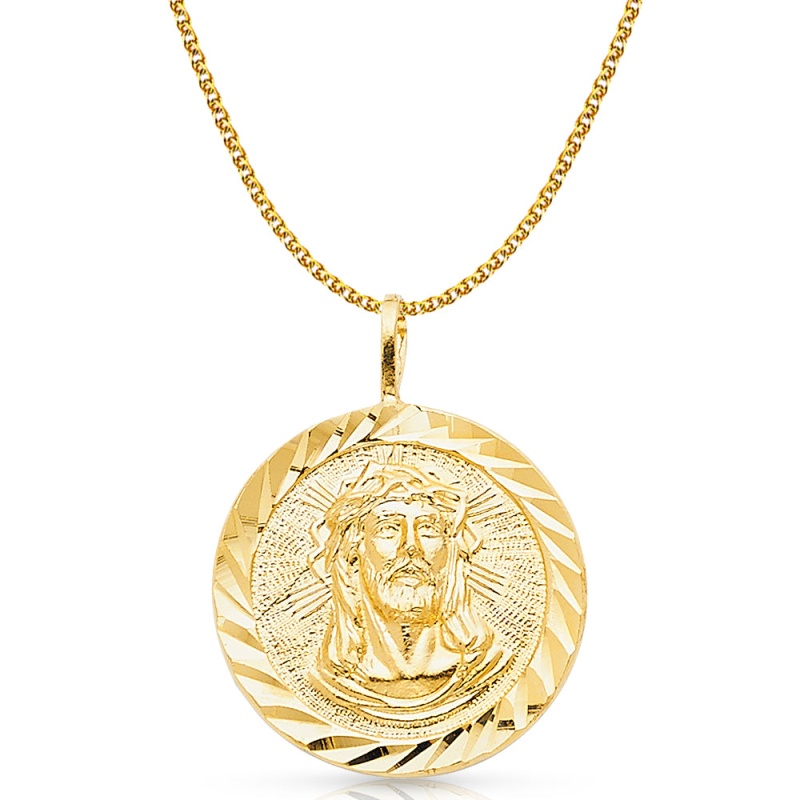 14K Gold Jesus Christ Stamp Charm Pendant With 1.7Mm Flat Open Wheat Chain Necklace