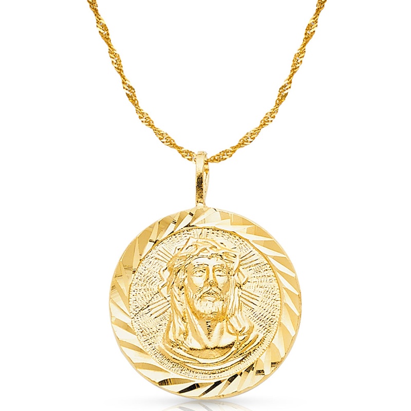 14K Gold Jesus Christ Stamp Charm Pendant With 1.8Mm Singapore Chain Necklace
