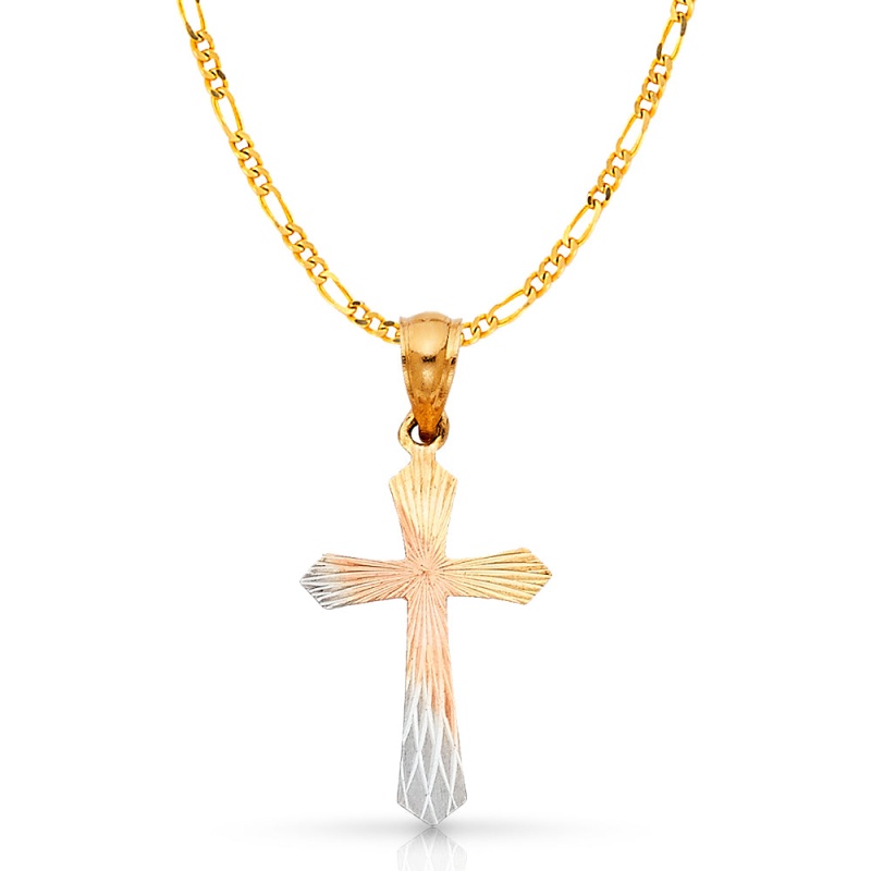 14K Gold Cross Stamp Charm Pendant With 2.3Mm Figaro 3+1 Chain Necklace