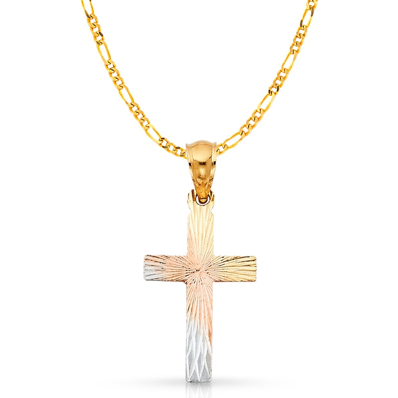 14K Gold Cross Stamp Charm Pendant With 2.3Mm Figaro 3+1 Chain Necklace