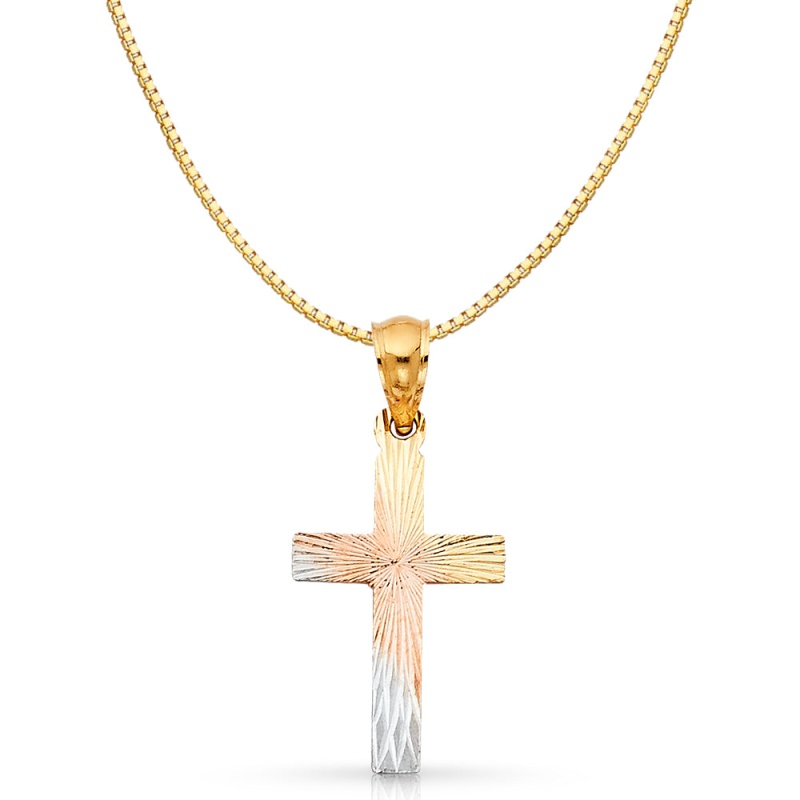 14K Gold Religious Cross Stamp Charm Pendant With 0.8Mm Box Chain Necklace