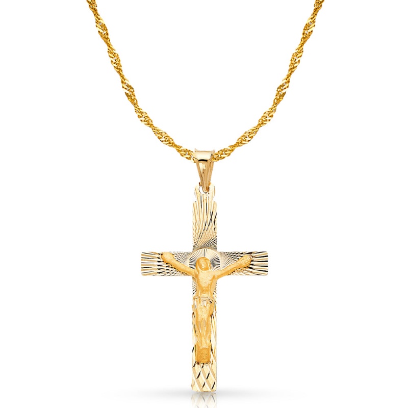 14K Gold Crucifix Stamp Charm Pendant With 1.8Mm Singapore Chain Necklace