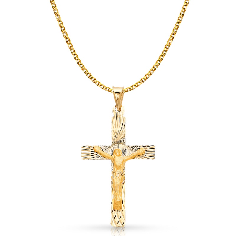 14K Gold Crucifix Stamp Charm Pendant With 2Mm Flat Open Wheat Chain Necklace