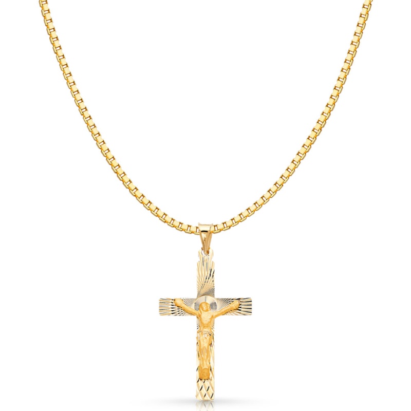 14K Gold Religious Crucifix Stamp Charm Pendant With 1.2Mm Box Chain Necklace