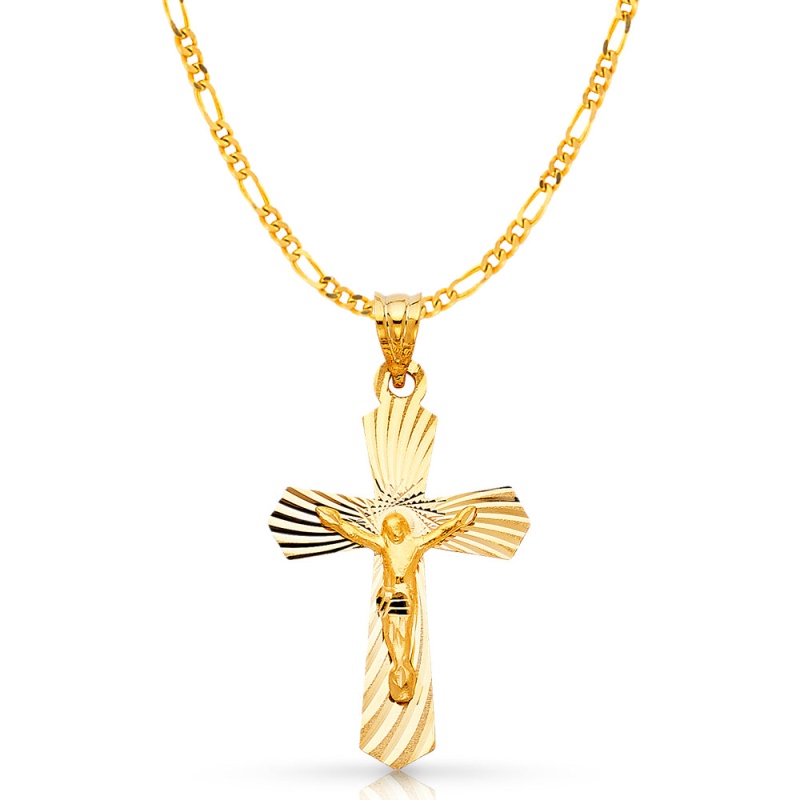 14K Gold Crucifix Stamp Charm Pendant With 3.1Mm Figaro 3+1 Chain Necklace