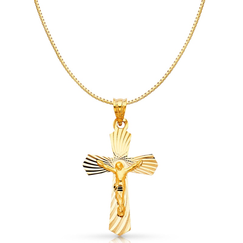 14K Gold Religious Crucifix Stamp Charm Pendant With 0.8Mm Box Chain Necklace