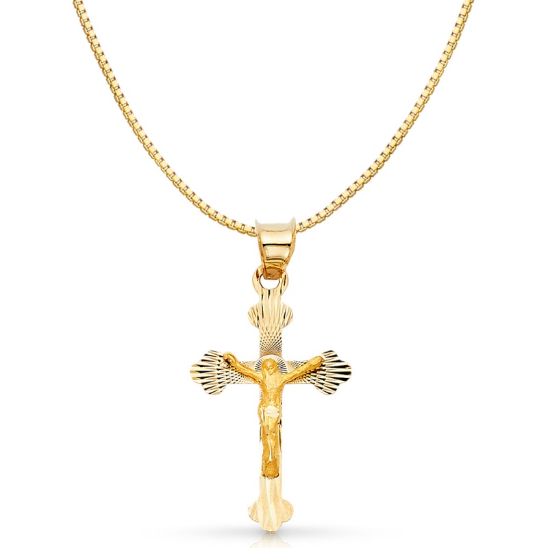 14K Gold Religious Crucifix Stamp Charm Pendant With 0.8Mm Box Chain Necklace
