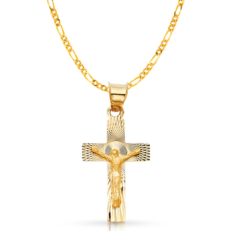 14K Gold Crucifix Stamp Charm Pendant With 3.1Mm Figaro 3+1 Chain Necklace