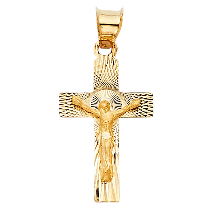 14K Gold Crucifix Stamp Charm Pendant With 1.7Mm Flat Open Wheat Chain Necklace