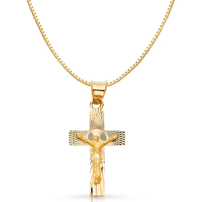 14K Gold Religious Crucifix Stamp Charm Pendant With 0.8Mm Box Chain Necklace