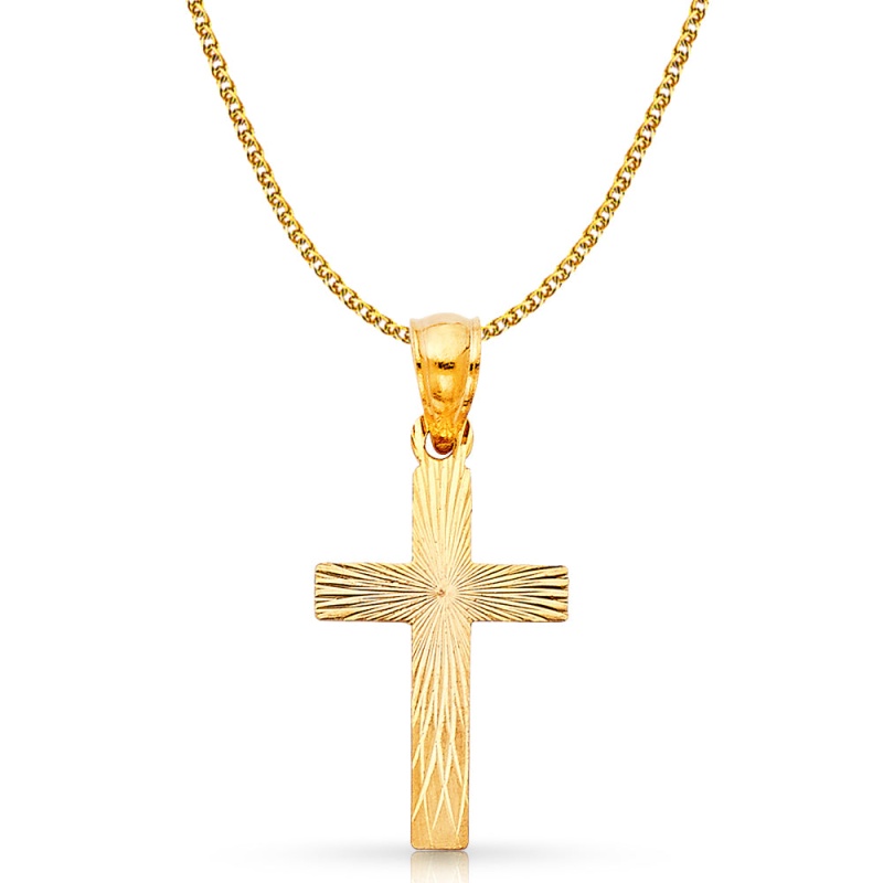 14K Gold Cross Stamp Charm Pendant With 1.7Mm Flat Open Wheat Chain Necklace