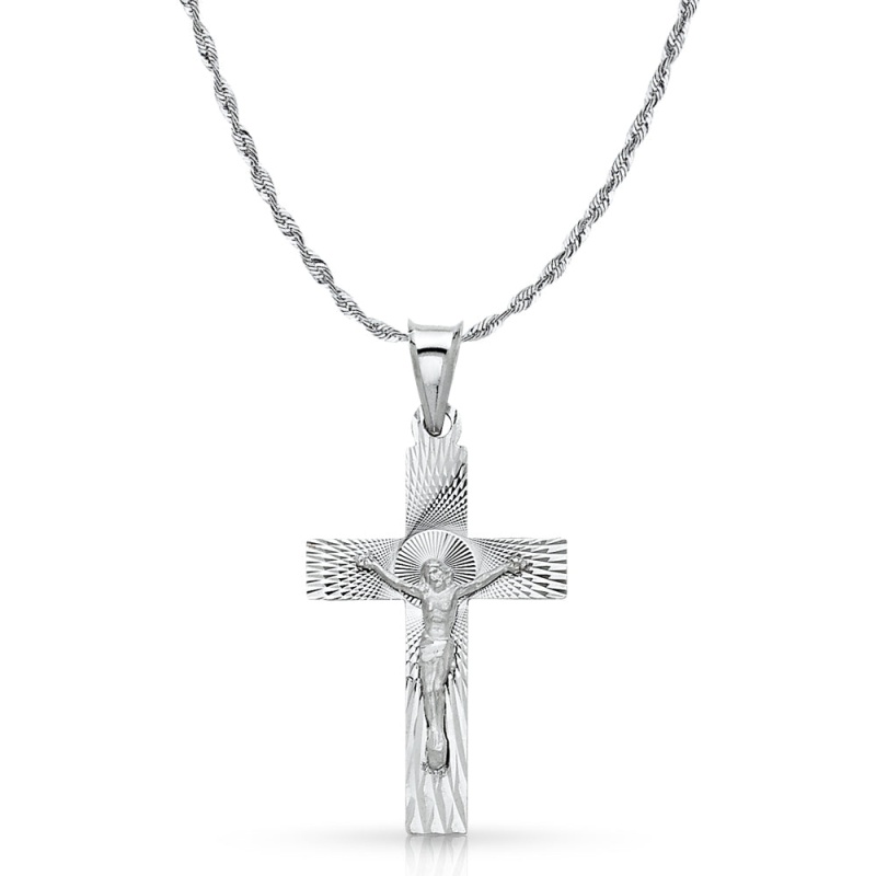 14K White Gold Crucifix Stamp Charm Pendant With 2.5Mm Rope Chain Necklace