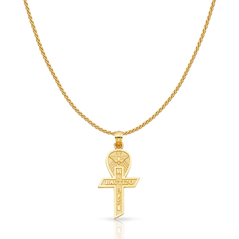 14K Gold Baptism Cross Charm Pendant With 0.9Mm Wheat Chain Necklace