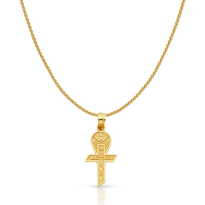 14K Gold Baptism Cross Charm Pendant With 0.9Mm Wheat Chain Necklace