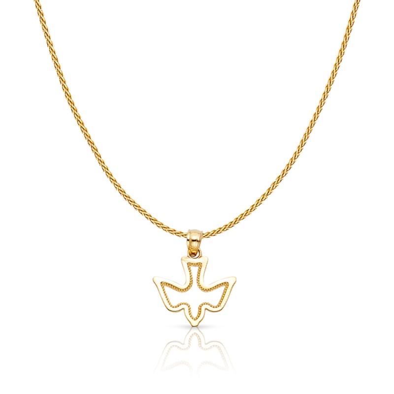 14K Gold Holy Spirit Dove Charm Pendant With 0.9Mm Wheat Chain Necklace