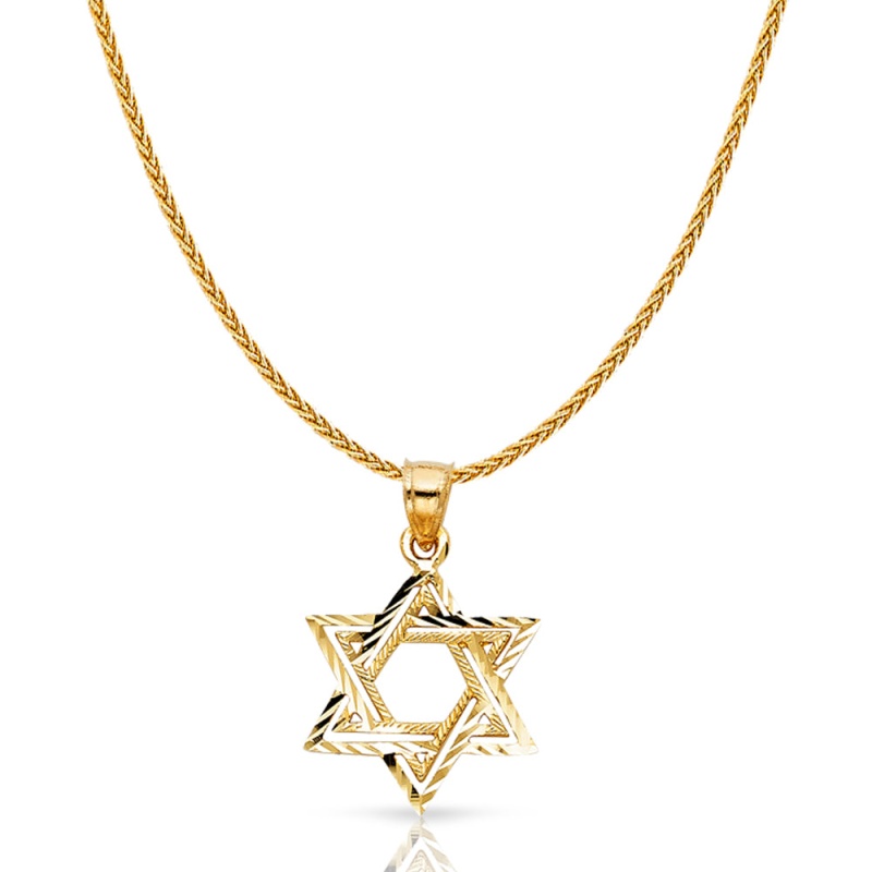 14K Gold Star Of David Charm Pendant With 1.1Mm Wheat Chain Necklace - 16