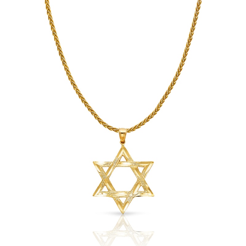 14K Gold Star Of David Charm Pendant With 1.4Mm Round Wheat Chain Necklace