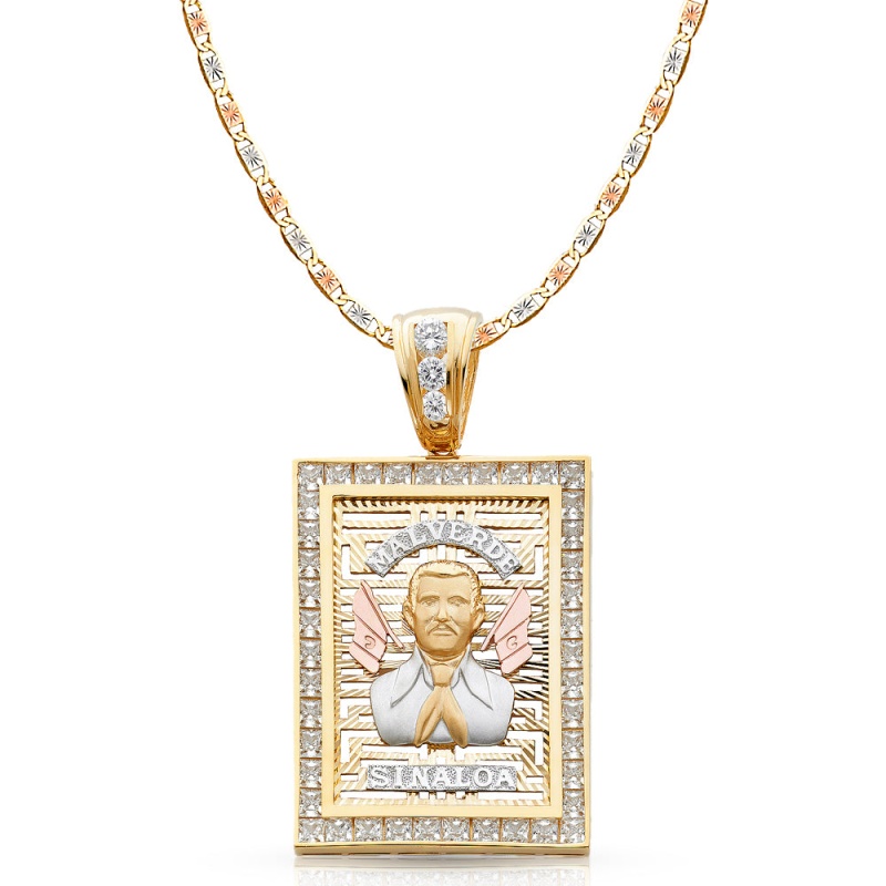 14K Gold Cz Malverde Sinaloa Charm Pendant With 4.2Mm Valentino Star Diamond Cut Chain Necklace