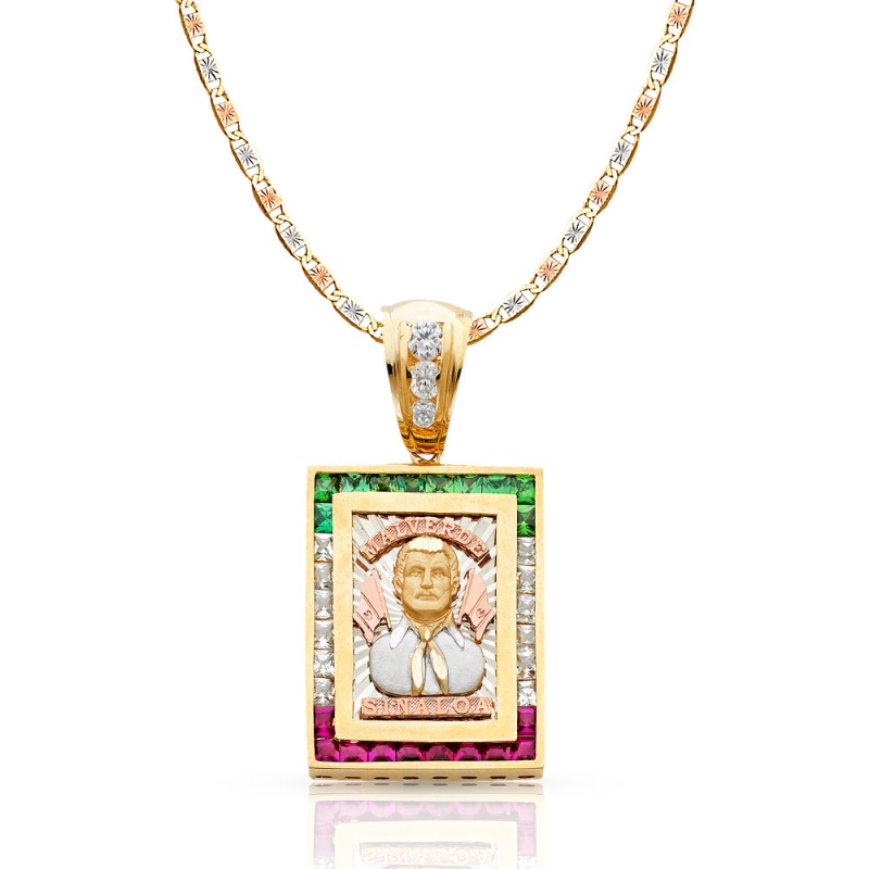 14K Gold Cz Malverde Sinaloa Charm Pendant With 4.2Mm Valentino Star Diamond Cut Chain Necklace