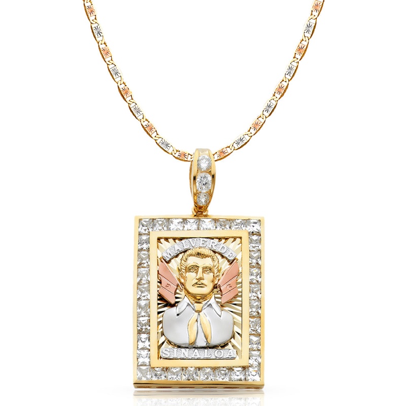 14K Gold Cz Malverde Sinaloa Charm Pendant 4.8Mm Valentino Star Diamond Cut Chain