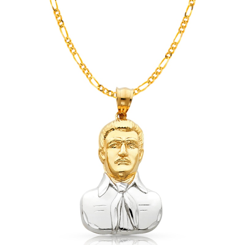 14K Gold Malverde Sinaloa Charm Pendant With 3.8Mm Figaro 3+1 Chain Necklace