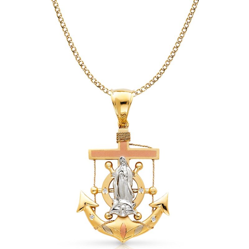 14K Gold Guadalupe Charm Pendant With 4.9Mm Hollow Cuban Chain Necklace