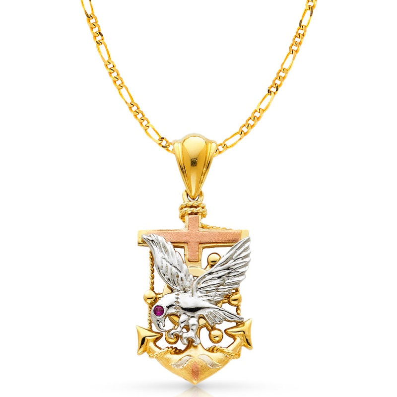 14K Gold Eagle Anchor Charm Pendant With 3.8Mm Figaro 3+1 Chain Necklace