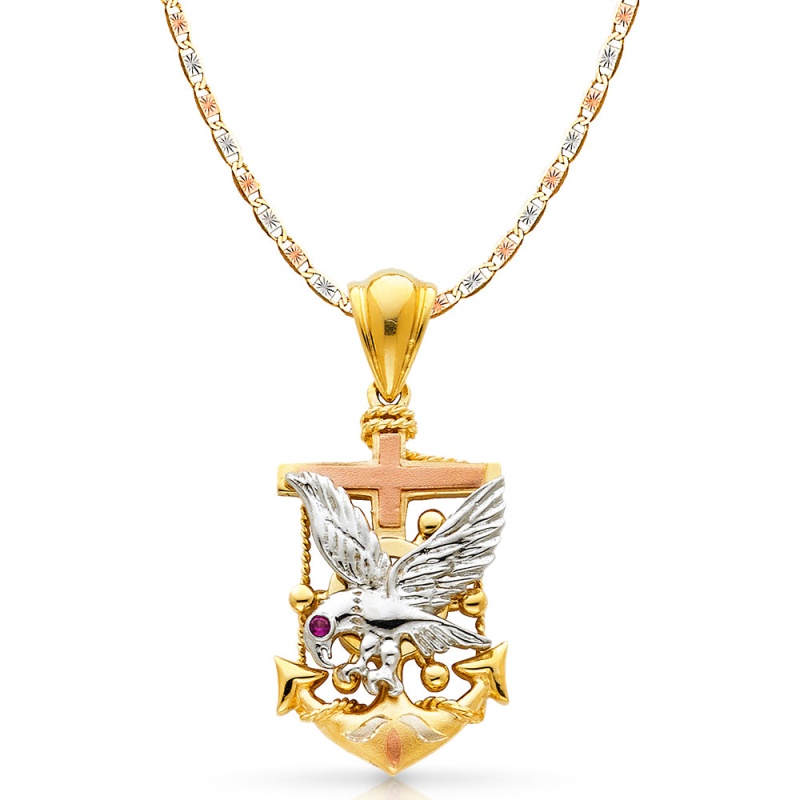 14K Gold Eagle Anchor Charm Pendant 4.8Mm Valentino Star Diamond Cut Chain